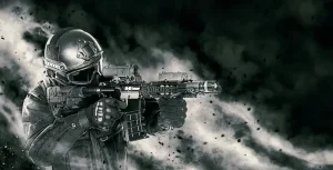 SWAT officer in black tactical gear aiming rifle in dark, smoky background.