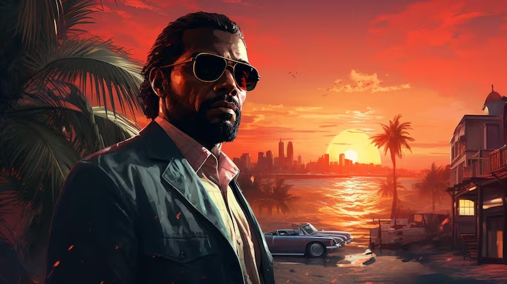 GTA San Andreas Definitive Edition artwork showing a man in sunglasses with palm trees, ocean sunset, and a classic car in the background