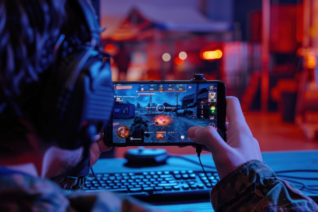 amer playing mobile game with controller and headset in esports arena