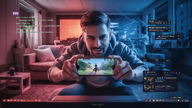 A man playing game on mobile phone.