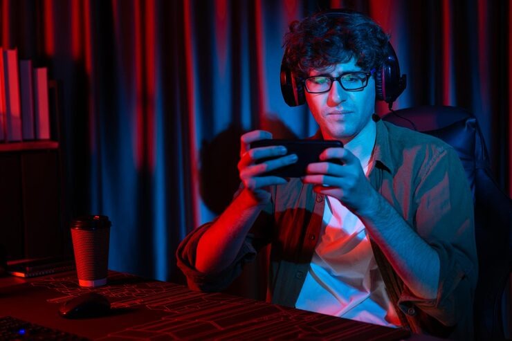 A man playing on a mobile phone.