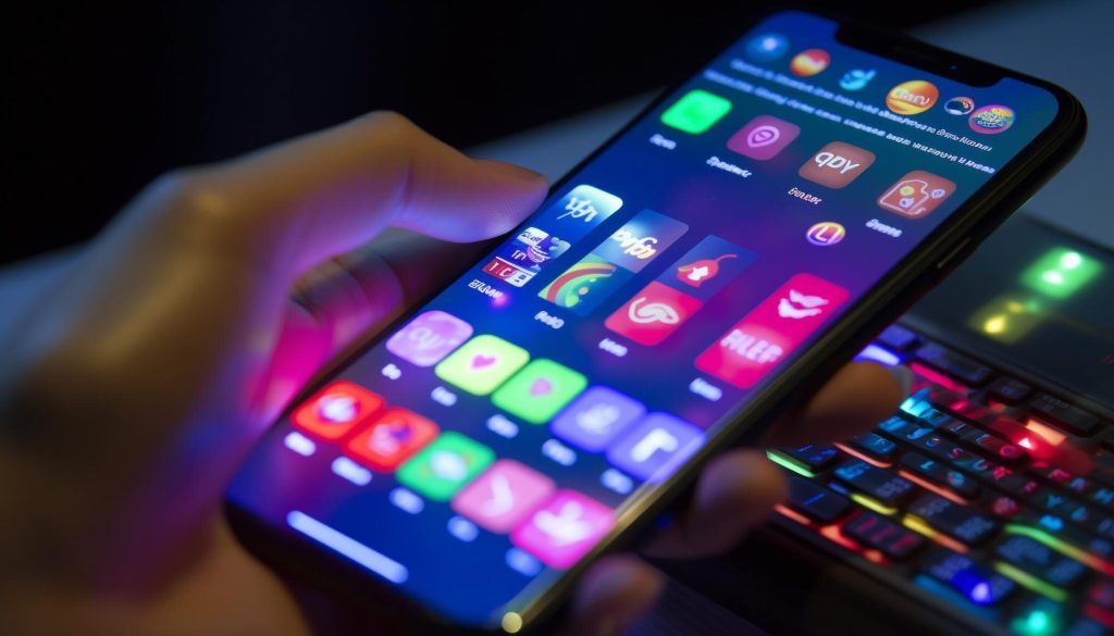 Hand holding smartphone with colorful app icons on screen, glowing in neon light with keyboard background